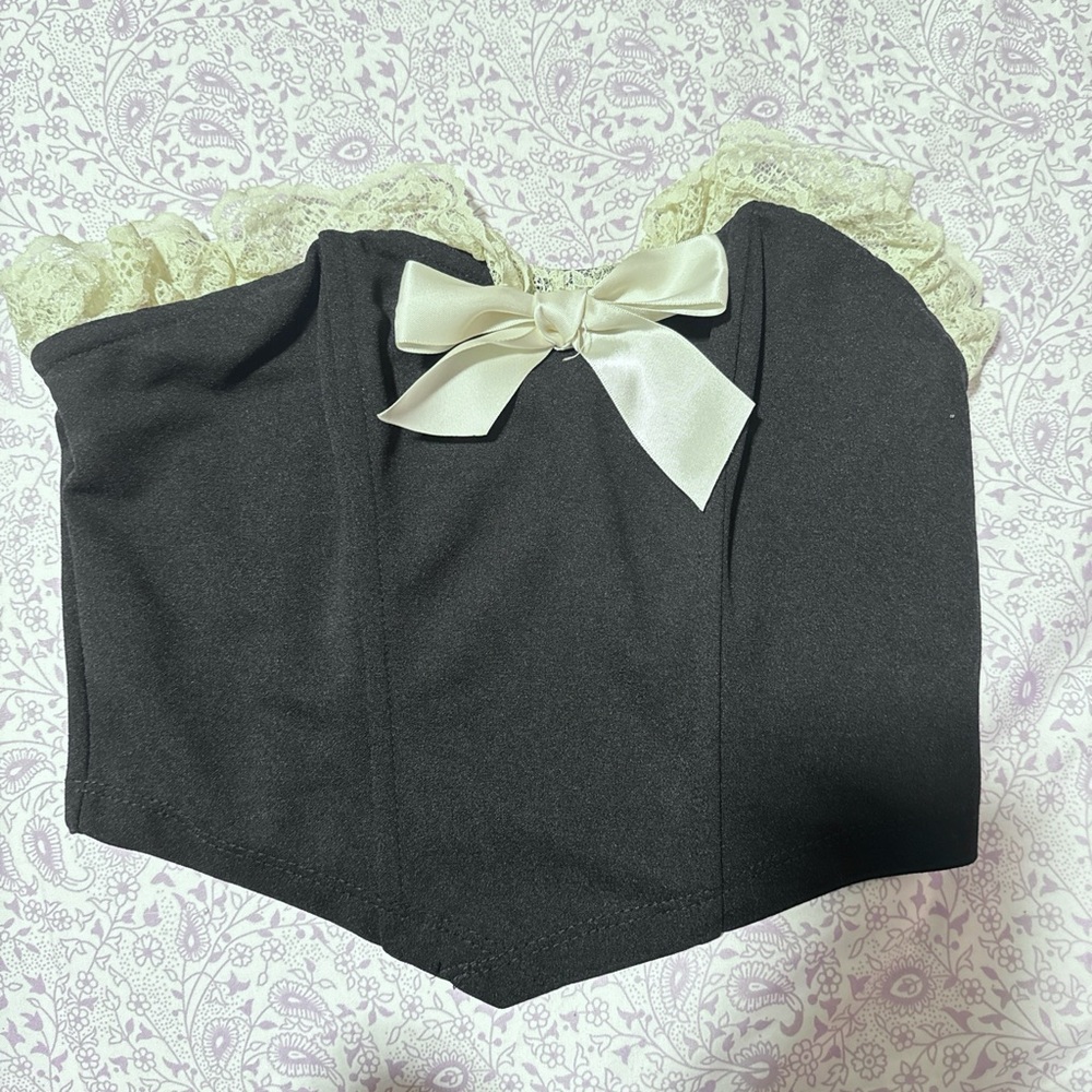 Black Corset Top with Lace Trim and Bow